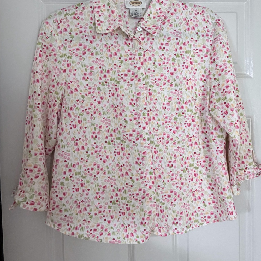 Vintage Talbots Floral Cottagecore Button Front Top Tie Sleeves Size M